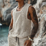 Eoior  -  Casual Breathable Knitted Hollow Out Two Piece Sets Men Vintage O Neck Sleeveless Tank Top Knit Shorts Mens Outfits Summer Suits