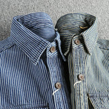 Yarn-dyed striped fabric washed to make old vintage cargo denim shirt for men European and American fashion casual shirt coat