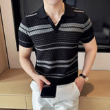 Men Polo Shirt  Summer New Thin Knitted Striped Jacquard Patchwork Color Short Sleeved Casual V-neck T-shirt Men Clothing