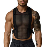 Spring Summer Sports Fitness Tie-up Vest Men Sexy See Through Mesh Tank Tops Mens Slim Fit Sleeveless O Neck Camisoles Muscles