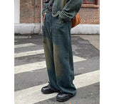 Vintage Green Wash Baggy Jeans for Men New Casual Wide Leg Adjust Waist Y2k Pants Street Style Work Wear Male Trousers