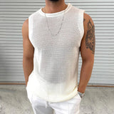 Solid Color Hollow Out Mens Knit Camisoles Summer Casual O Neck Sleeveless T Shirt Men Fashion Slim Knitting Tank Tops