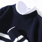 Eoior  Men's Crew Neck Loose Stripe Thickened Sweater Pullover Business Casual 100% Wool Knitted Bottom Shirt Versatile Korean Versions