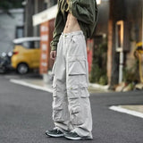 Eoior  Men's Multi-pockets Cargo Pants Autumn Vintage Solid Color Hiphop Overalls Baggy Casual High Street Mopping Trousers