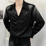 Eoior  Mens Sexy Diamond Shoulder Pad Shirt Autumn Genderless Fashion Lazy Style Nightclub Performance Loose Long Sleeve Shirt Unisex