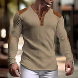 Vintage Patchwork Waffle V Neck T Shirts Men Long-sleeve Slim Casual Pullover Tops Mens Spring Fashion Button T-shirt Male