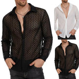 Fashion Men's Mesh Transparent Baggy Shirt Top Sexy Long-Sleeved V-Neck  Single Breasted Sheer Chiffon Shirt Tops Man Clothing