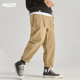 Eoior HIQOR Autumn Winter Men's Pant Cargo Pants Casual Multi Pocket Trouser Plus Size Fashion Belt Design Baggy Joger Streetwear Male