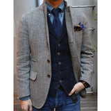 Eoior Herringbone Blazer for Men One Piece Suit Jacket with 1 Side Slit Slim Fit Casual Male Coat Fashion Wedding Tuxedo Blazer 2024