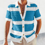 Casual Elegant Contrast Color Knitted Short-sleeved Shirt Men's Summer Slim Single-breasted Color Matching Hollow Lapel Top