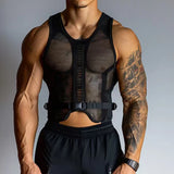 Summer Men's Sleeveless Vest Sexy Perspective Mesh Cutout T-shirts Fitness Muscle Solid Splicing Tight Tank Tops For Man Vest