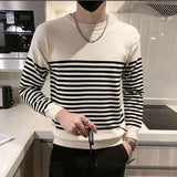 Eoior  Fashion O-Neck Knitted Spliced All-match Striped Sweater Men's Clothing  Autumn New Casual Pullovers Long Sleeve Korean Tops