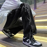 Eoior Streetwear Y2k Jeans Pants Lace Up Baggy Black Jeans Man Pants Designer Clothes Side Split Korean Fashion New