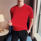 Eoior  Men's High-End Casual Short Sleeve knitting Sweater/Male High collar Slim Fit Stripe Set head Knit Shirts Plus size S-4XL