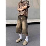 American retro cropped men wide leg jeans Y2k Gothic washed loose straight casual couple shorts sweatpants