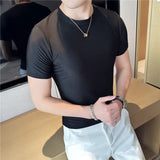 Eoior Men T Shirt  Summer New Thin Ice Silk Solid Casual Short Sleeved Elastic Slim Fit T-shirt Tops Korean Fashion Men Clothing