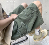 Y2K Mens Streetwear Breeches Star Korean Harajuku Pocket Denim Hip Hop Cargo Short Pants Grunge Bermudas Jeans Shorts