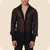 Fashion Men's Streetwear Shirts Sexy Deep V Neck See Through Mesh Shirt For Men Summer Casual Lantern Sleeve Tops Clothing