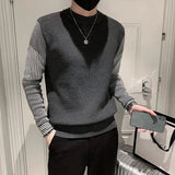 Eoior  Fashion O-Neck Spliced Striped Fake Two Piece Sweater Men's Clothing  Autumn New Loose Casual Pullovers All-match Tops