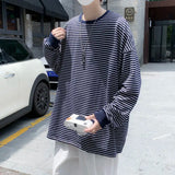 Eoior New Spring and Autumn Fashion Hong Kong Style Stripes Lazy Fashion Brand Handsome Youth Trend Casual Men's T-shirt