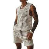 Eoior  -  Casual Breathable Knitted Hollow Out Two Piece Sets Men Vintage O Neck Sleeveless Tank Top Knit Shorts Mens Outfits Summer Suits