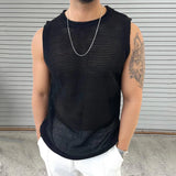 Solid Color Hollow Out Mens Knit Camisoles Summer Casual O Neck Sleeveless T Shirt Men Fashion Slim Knitting Tank Tops