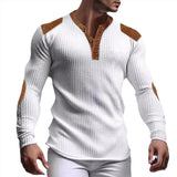 Vintage Patchwork Waffle V Neck T Shirts Men Long-sleeve Slim Casual Pullover Tops Mens Spring Fashion Button T-shirt Male