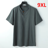 Eoior 9XL Linen T-shirt Men Summer Solid Color Tshirt Fashion Casual Linen Tees Tops Male Henley Collar T Shirt Plus Size 8XL 9XL