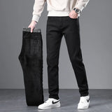 Eoior Men Plush Thickening Fashion Denim Pants Men's Autumn And Winter Thickened Slim Elastic Straight Leg Jeans Solid Color Vintage J