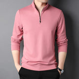 Eoior  Spring and Autumn Men's Pullover Stand Neck Zipper Solid Long Sleeve T-shirt High Neck POLO Bottom Fashion Casual Tops