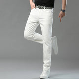 Eoior  Four Season White Color Jeans For Man Straight Slim Party Cool Pants Casual Denim Jeans Large Size Red Pink Trousers