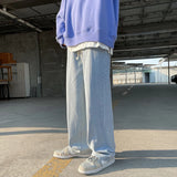 Eoior Baggy Jeans Men 2024 New Drawstring Elastic Waist Straight Wide Leg Pants  Fashion Black Hip Hop Denim Trousers Light Blue