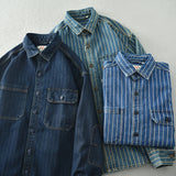 Eoior  Heavy Japanese vintage washed vertical stripe denim shirt men's loose large size cotton long-sleeved shirt jacket