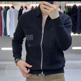 Eoior  Fashion Lapel Zipper Spliced Pockets Embroidery Cardigan Sweaters Mens Clothing 2024 Spring New Loose Knitted All-match Tops