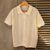 Mens Japanese Jacquard Hollow Knitted Short-Sleeve Shirt New Sexy Solid Color Casual Simple Outer Lapel Casual Half-Sleeve Top