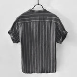 Eoior  New Summer Linen Striped Shirt Casual Fashion Pullover Men's Short Sleeve Stand Collar Shirt Men's Clothing