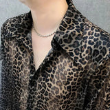 Mens Sexy Leopard Print Mesh See-Through Ice Silk Shirt Autumn Genderless Fashion Youth Nightclub Breathable Hollow Top Unisex