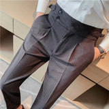 Eoior   High Quality Business Casual Draped High-waist Trousers Men Stripes Formal Pants Male Formal Office Social Suit Pants