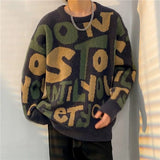 Eoior  New Winter Fashion Trend Contrast Color Round Neck Letter Loose and Versatile Ruffle Handsome Knitted Long Sleeve Men's Sweater