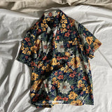 line drawing plant floral Cuban collar short-sleeved floral shirt for men and women trendy Hawaiian Thai Japanese retro shirt