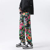 Eoior  Floral Print Casual Pants Y2k Flower Trousers Straight-Legs Pants Male Loose Fit Elastic Waist Long Pants