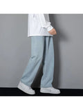 Eoior  New Korean Men's Casual Long Jeans Classic Man Straight Denim Wide-leg Pants Solid Color Light Blue Grey Black 3XL