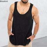 New Summer Men's Tank Top Loose Knit Sports Vest Fashion Solid 100% Viscose Sleeveless Male T-shirt Breathable Mesh Sports Top