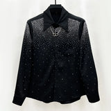 Eoior  Mens Sexy Diamond Shoulder Pad Shirt Autumn Genderless Fashion Lazy Style Nightclub Performance Loose Long Sleeve Shirt Unisex