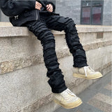 Eoior Heavy Industry Hole Frayed Destruction Waxed Jeans Mens High Street Retro Straight Ripped Pencil Pants Oversize Denim Trousers