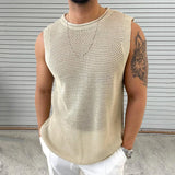 Solid Color Hollow Out Mens Knit Camisoles Summer Casual O Neck Sleeveless T Shirt Men Fashion Slim Knitting Tank Tops