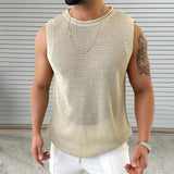 Solid Color Hollow Out Mens Knit Camisoles Summer Casual O Neck Sleeveless T Shirt Men Fashion Slim Knitting Tank Tops