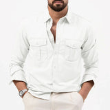 Spring and summer new European and American men's shirt multi-pocket casual long-sleeved shirt