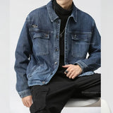 Eoior Japanese Denim Jacket for Men 2024 Spring New High Street Pocket Trendy Loose Cargo Casual Washed Jeans Jackets