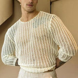 Men Mesh Top See Through Long Sleeves Round Neck Hollow-out Sexy Men Bottoming Shirt Knitted Mesh Top Clothing for Male